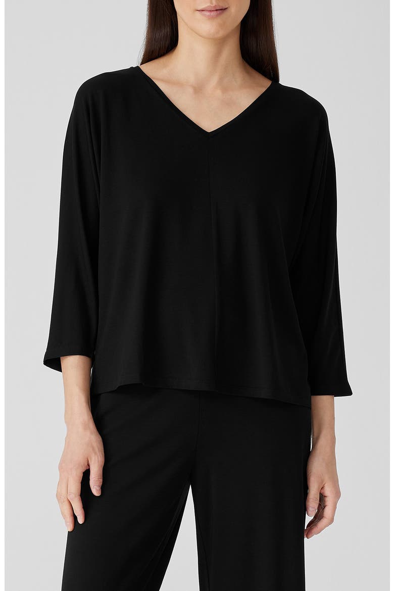 V-Neck Three-Quarter Sleeve Top, Main, color, BLACK