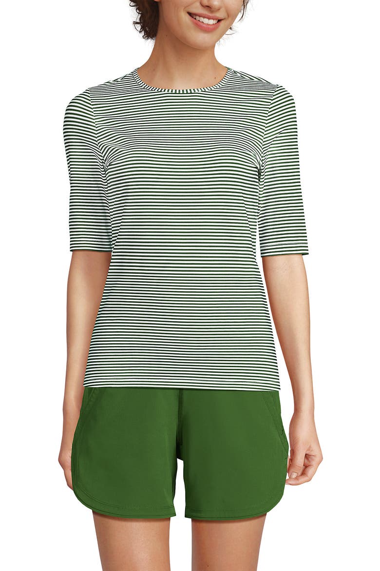SunShade UPF 50 Elbow Sleeve Rash Guard Swim Tee, Main, color, Fusion Green Mini Stripe