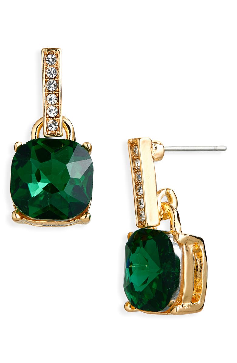 Cara Cushion Cut Crystal Drop Earrings, Main, color, Gold/ Green