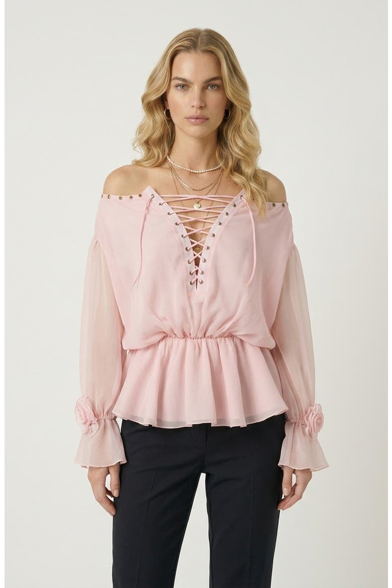 Elegant Lace-Up Peplum Blouse with Long Sleeves, Alternate, color, Pink