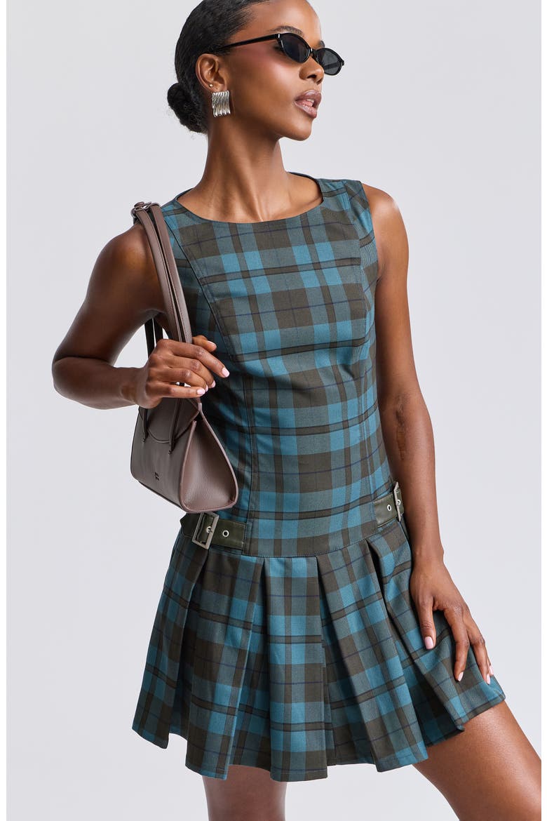 Plaid Pleated Stretch Minidress, Alternate, color, DEEP TEAL PLAID