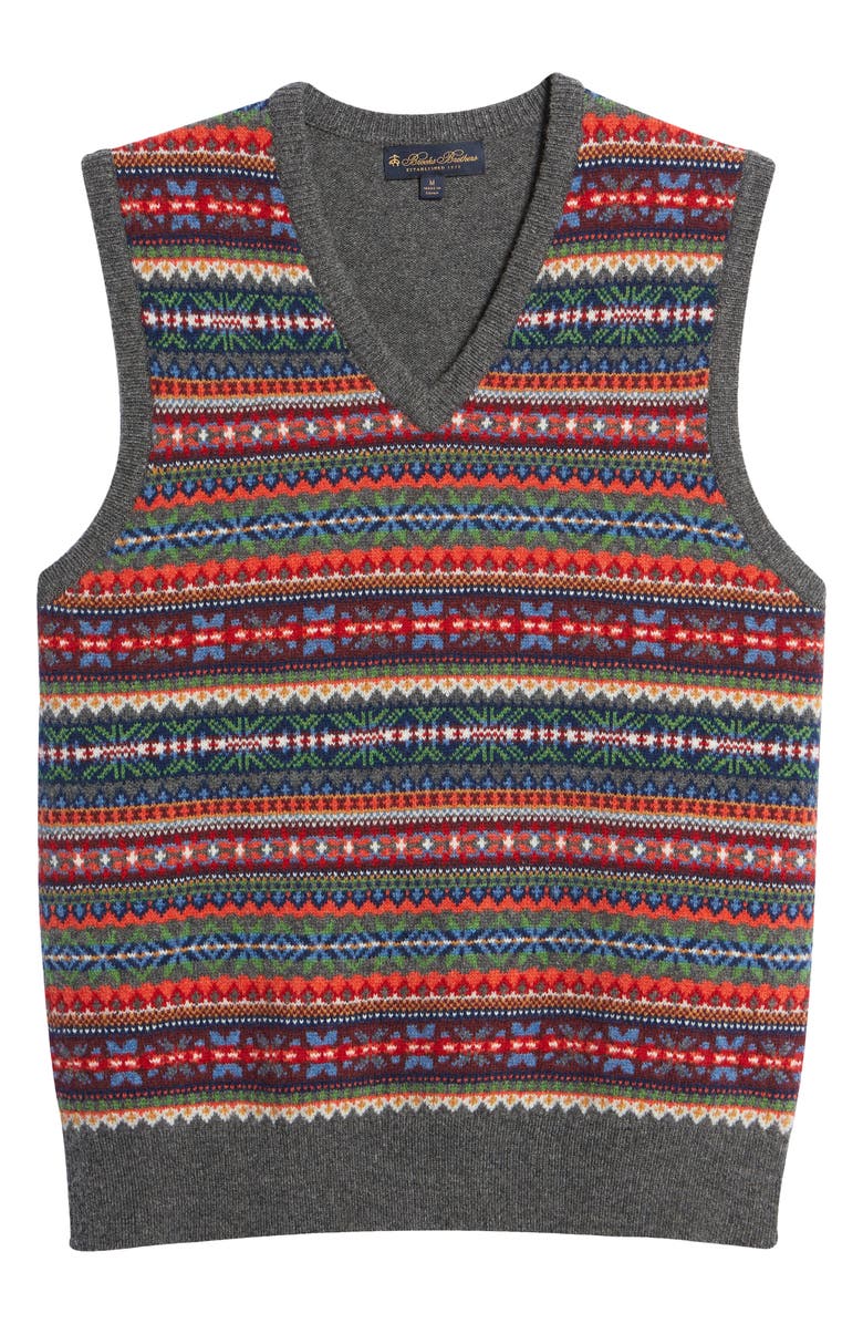 Brooks Brothers Fair Isle V-Neck Lambswool Sweater Vest, Alternate, color,