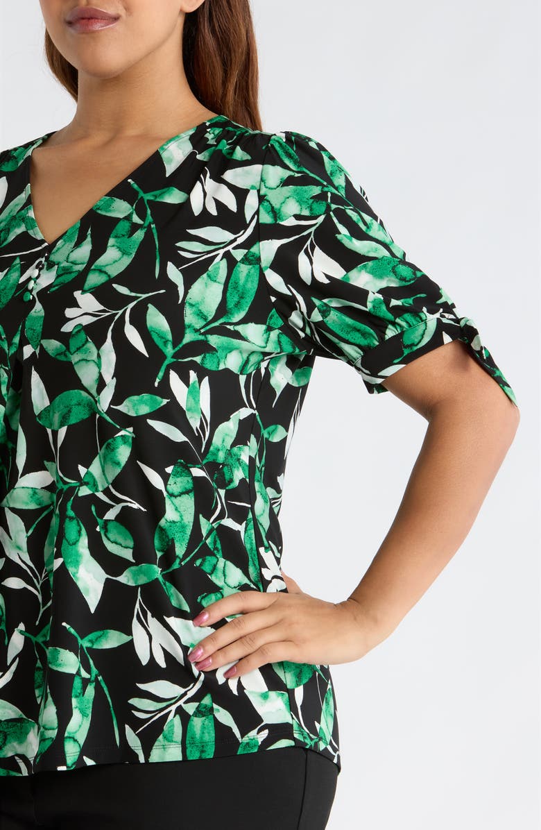 AK ANNE KLEIN Tropical Print V-Neck Tie Cuff Knit Top, Alternate, color, Anne Black Multi