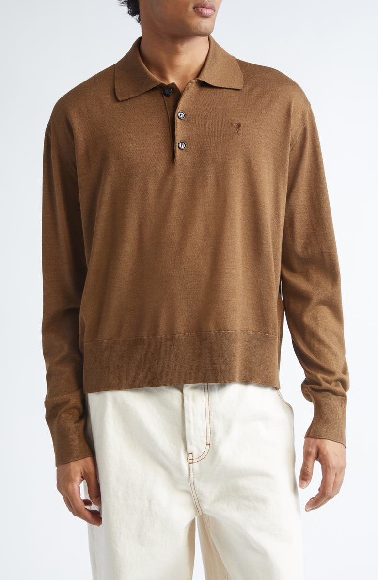 AMI PARIS Ami de Coeur Wool & Silk Polo Sweater, Main, color, Hazelnut