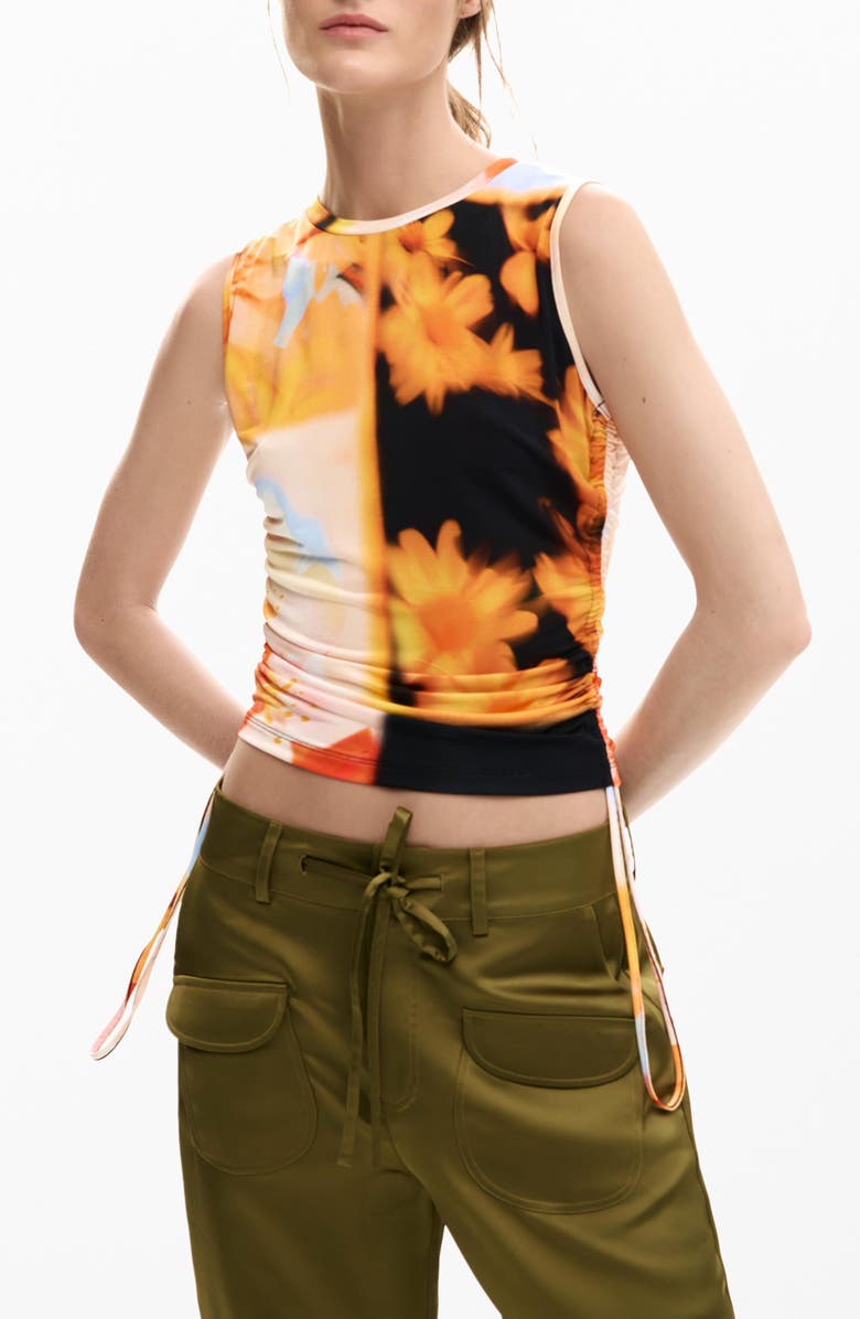 Desigual Abstract Floral Drawstring Tank, Main, color, Yellow Multi