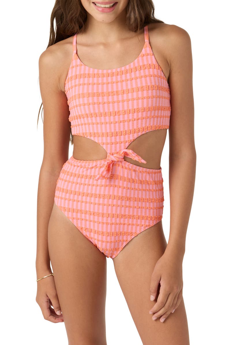 O'Neill Kids' Paradise Plaid Knot Front One-Piece Swimsuit, Main, color, 