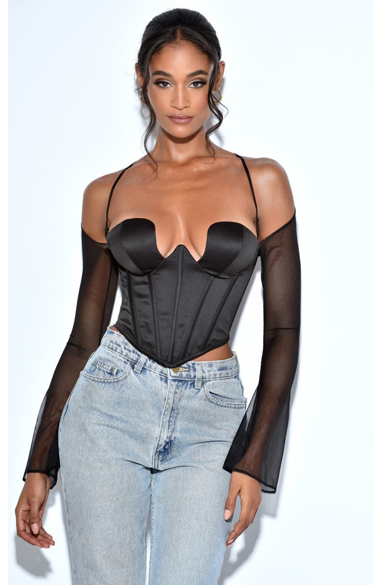 Miss Circle Pixie Mesh Sleeve Halter Corset Satin Top, Alternate, color, Black