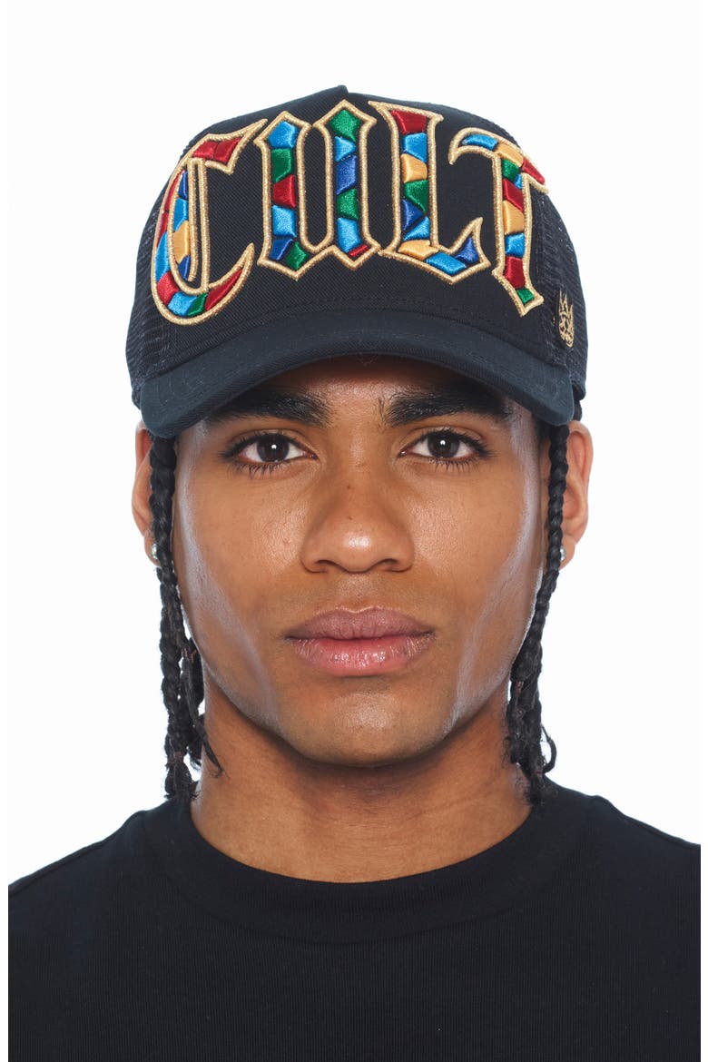 Stained Glass Logo Trucker Hat, Alternate, color, BLACK