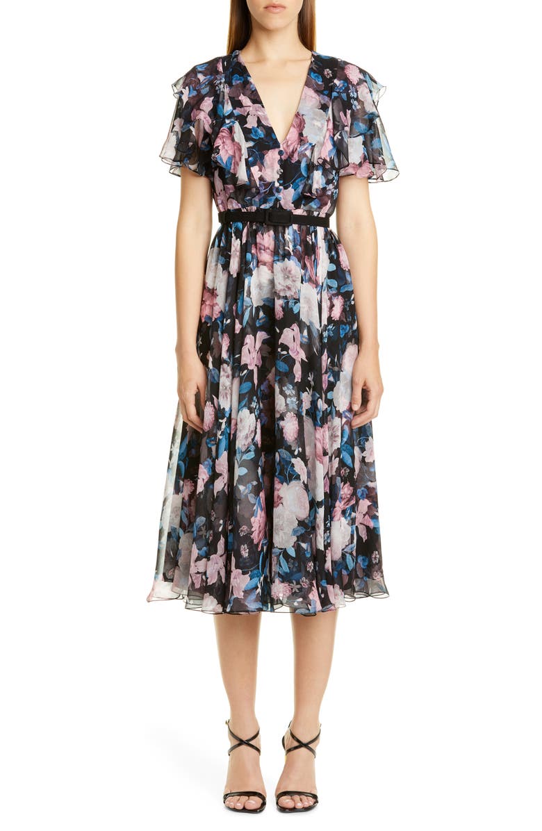 Erdem Floral Ruffle Silk Chiffon Midi Dress, Main, color,