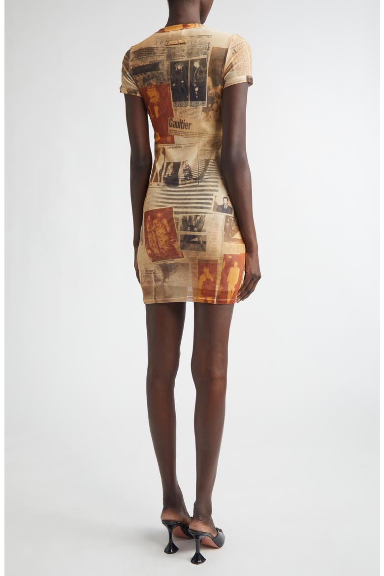Newspaper Print Mesh Minidress, Alternate, color, ECRU/ LIGHT GREY/ RED