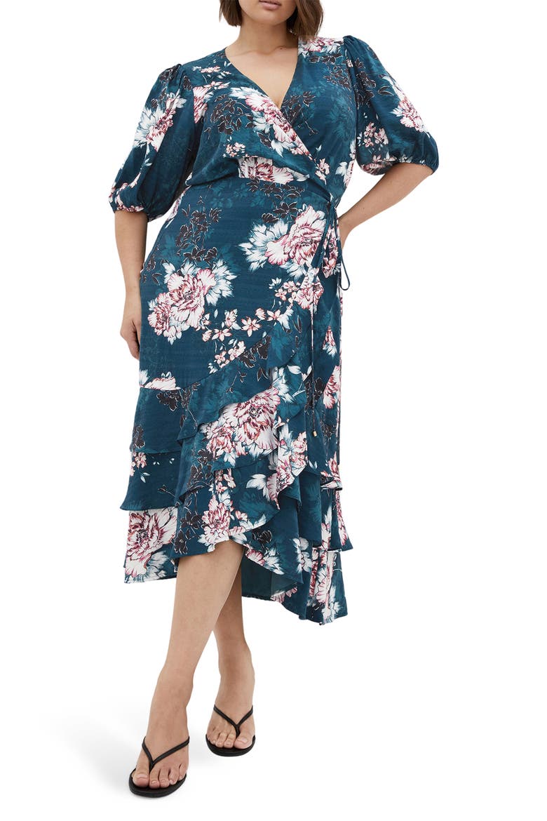 Bea Floral Midi Wrap Dress, Main, color, JADE BLOSSOM