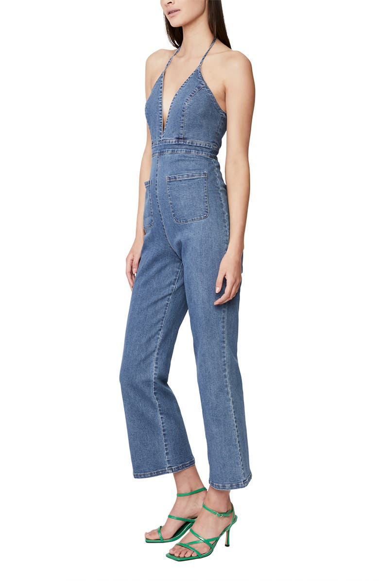 Bardot Lina Halter Denim Flare Leg Jumpsuit, Alternate, color, 