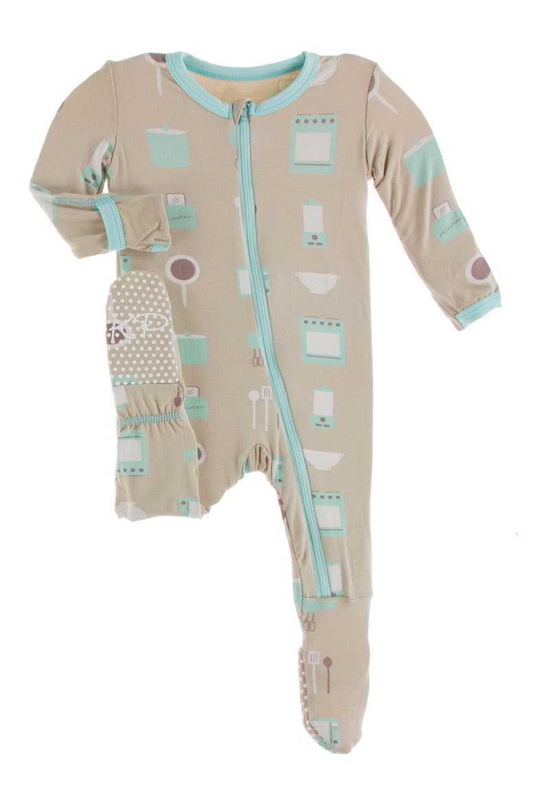 Kitchen Print Fitted One-Piece Pajamas, Main, color, BURLAP KICKEE KITCHEN