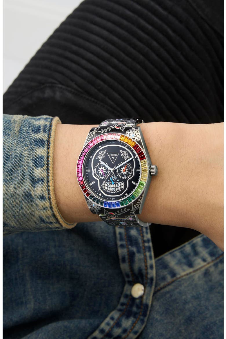 Day of the Dead Multifunction Bracelet Watch, 44mm, Alternate, color, SILVER TONE