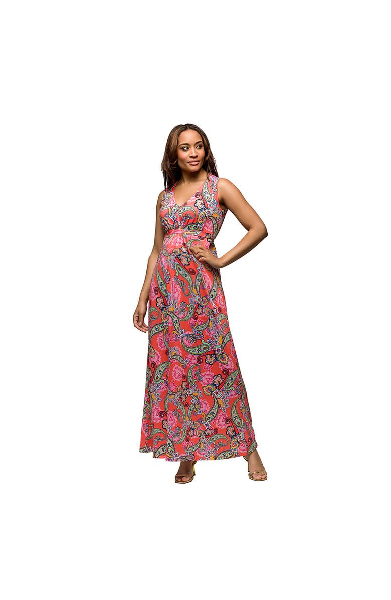 24seven Comfort Apparel Maternity Pink Paisley Print V-Neck Empire Waist Sleeveless Maxi Dress, Alternate, color, Pink Multi