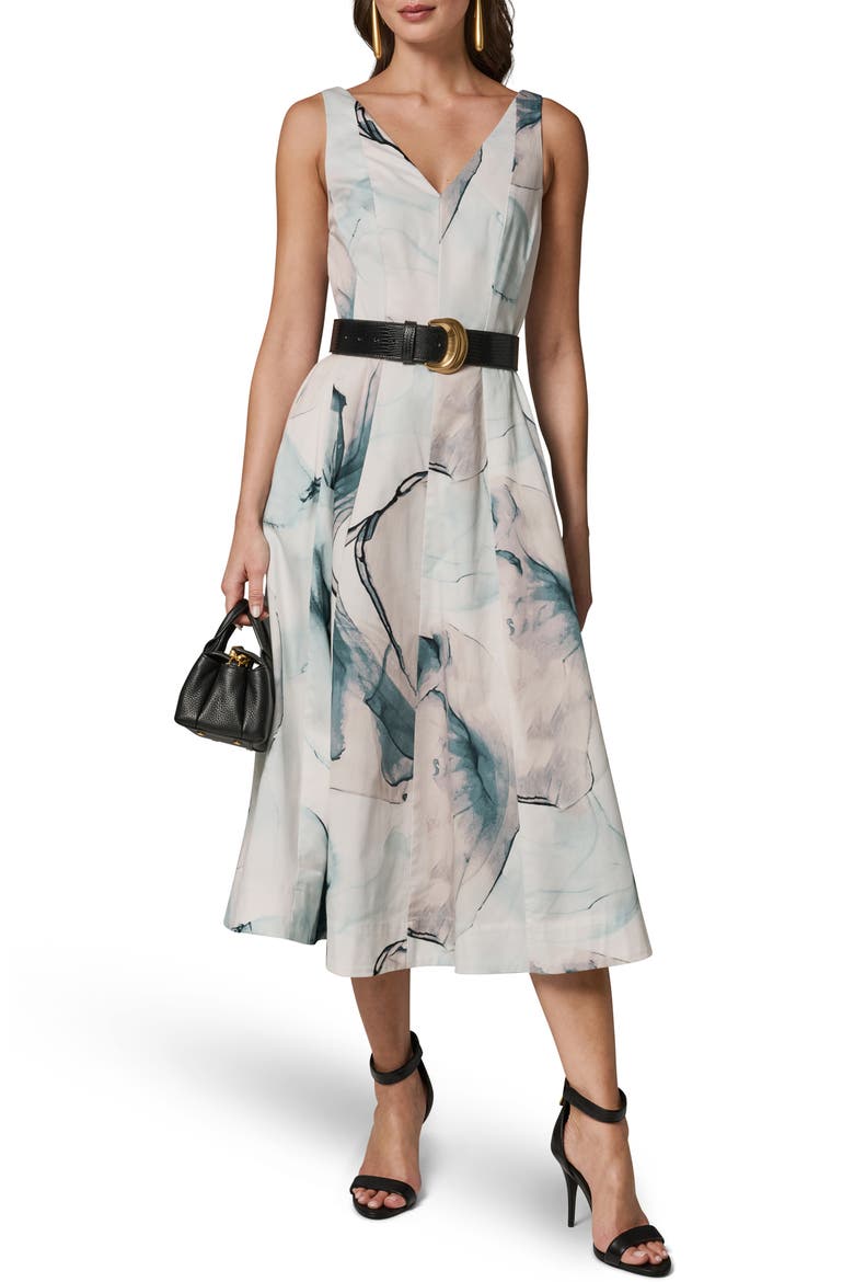 Belted A-Line Midi Dress, Alternate, color, SKYLIGHT MULTI