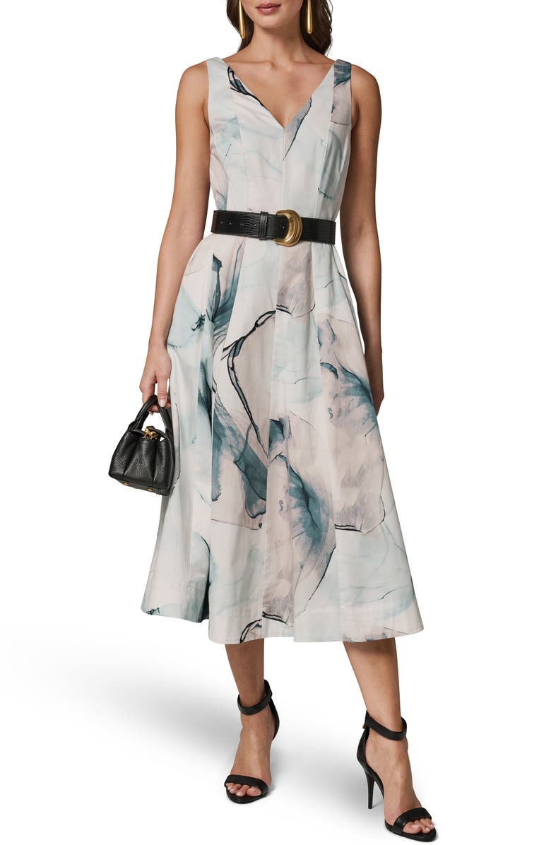 Donna Karan New York Belted A-Line Midi Dress, Alternate, color, Skylight Multi