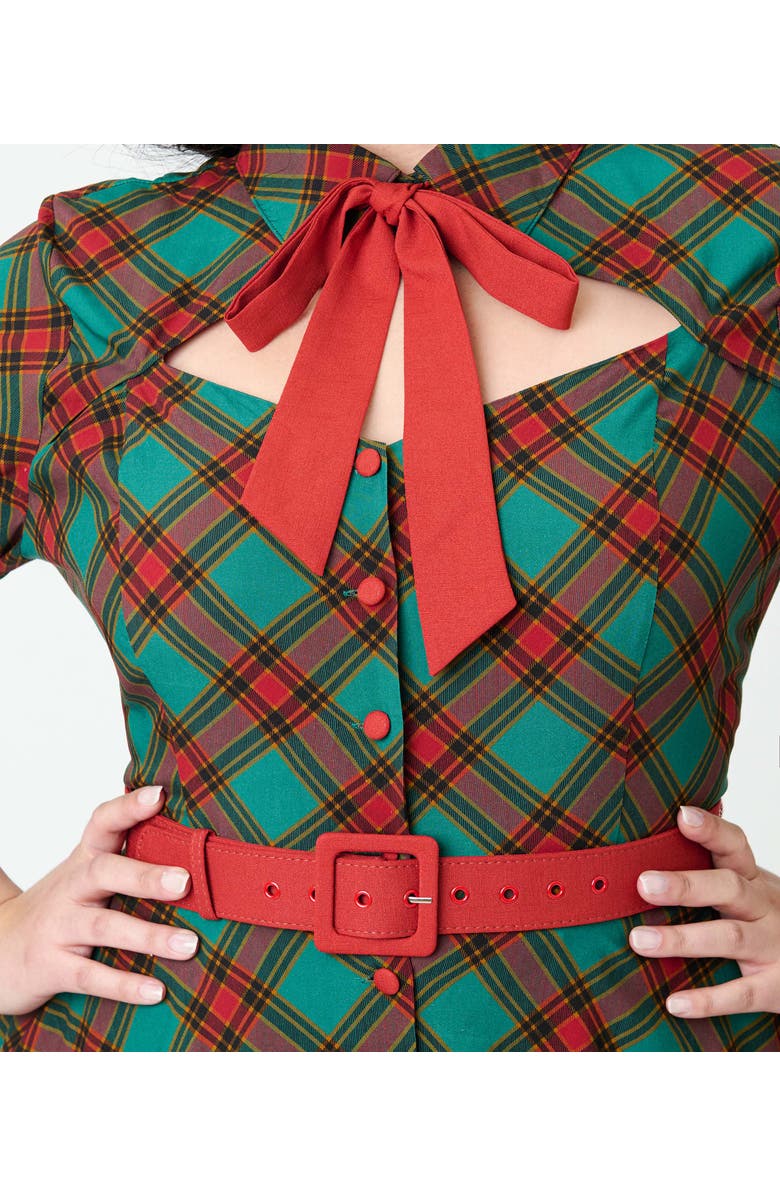 Unique Vintage Plus Size Sweetheart Neck Swing Dress, Alternate, color, Green Plaid