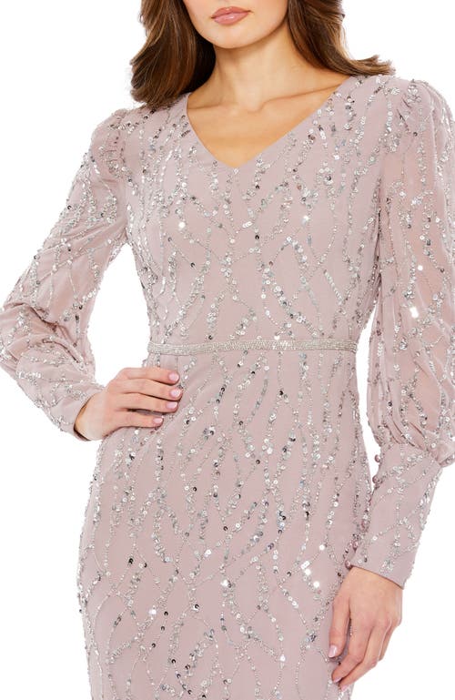 Mac Duggal Sequined V Neck Illusion Long Sleeve Trumpet Dress In Vintage Lilac