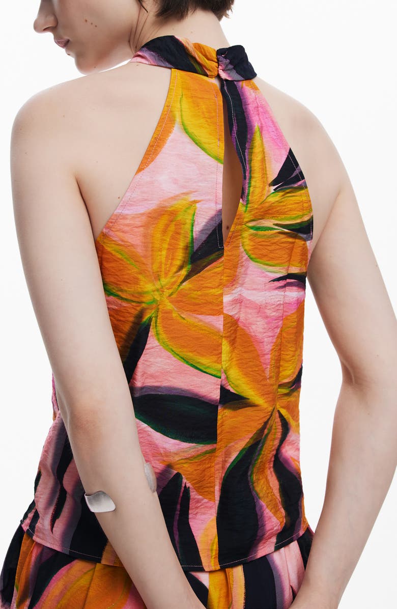 Desigual Floral Crinkled Crisscross Halter Neck Crop Top, Alternate, color, Pink