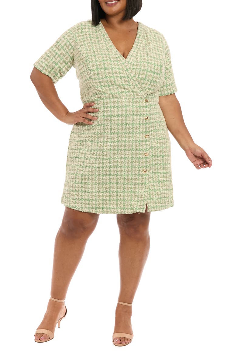 Short Sleeve Bouclé Faux Wrap Dress, Main, color, GREEN