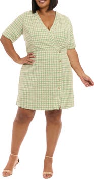 London Times Short Sleeve Bouclé Faux Wrap Dress