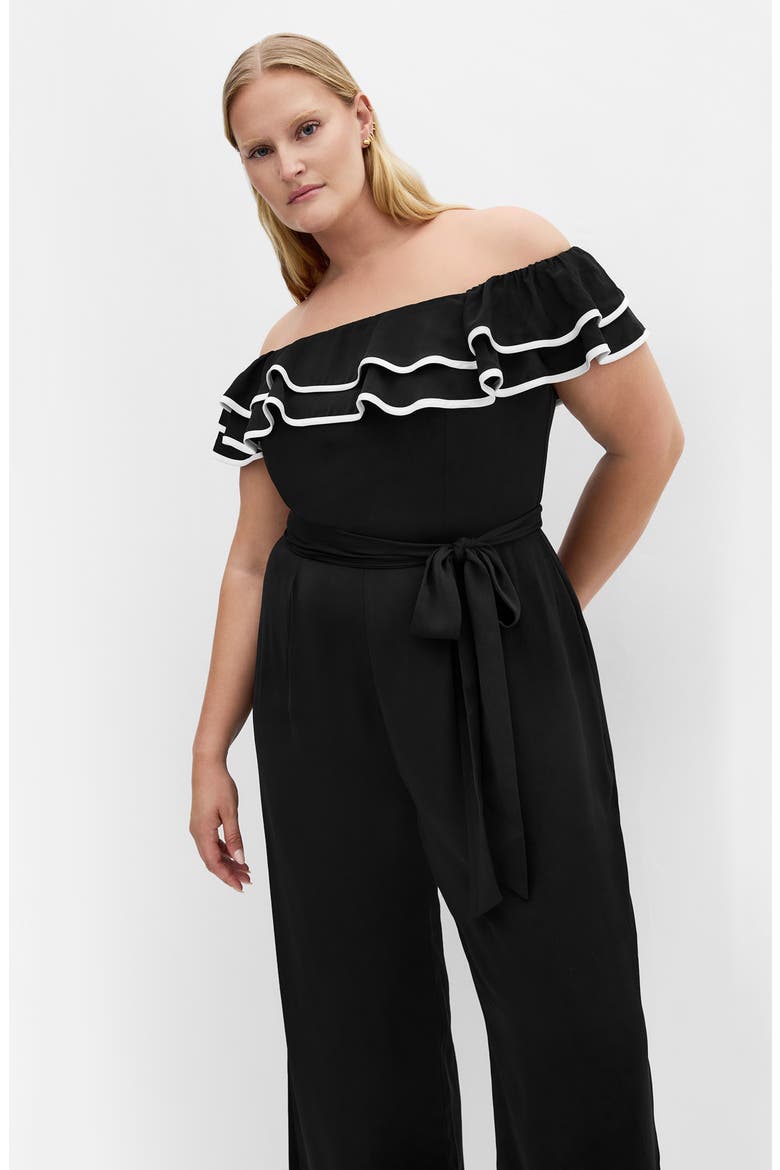 Demure Frill Off the Shoulder Jumpsuit, Alternate, color, BLACK
