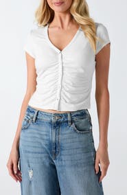 GUESS Bianca Ruched Short Sleeve Button Up Top
