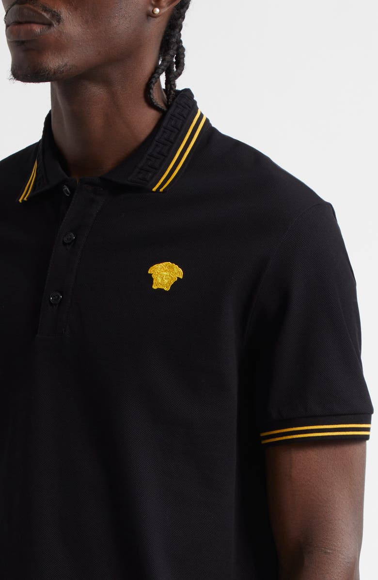 Versace Tipped Embroidered Medusa Cotton Piqué Polo, Alternate, color, 1B000-Black
