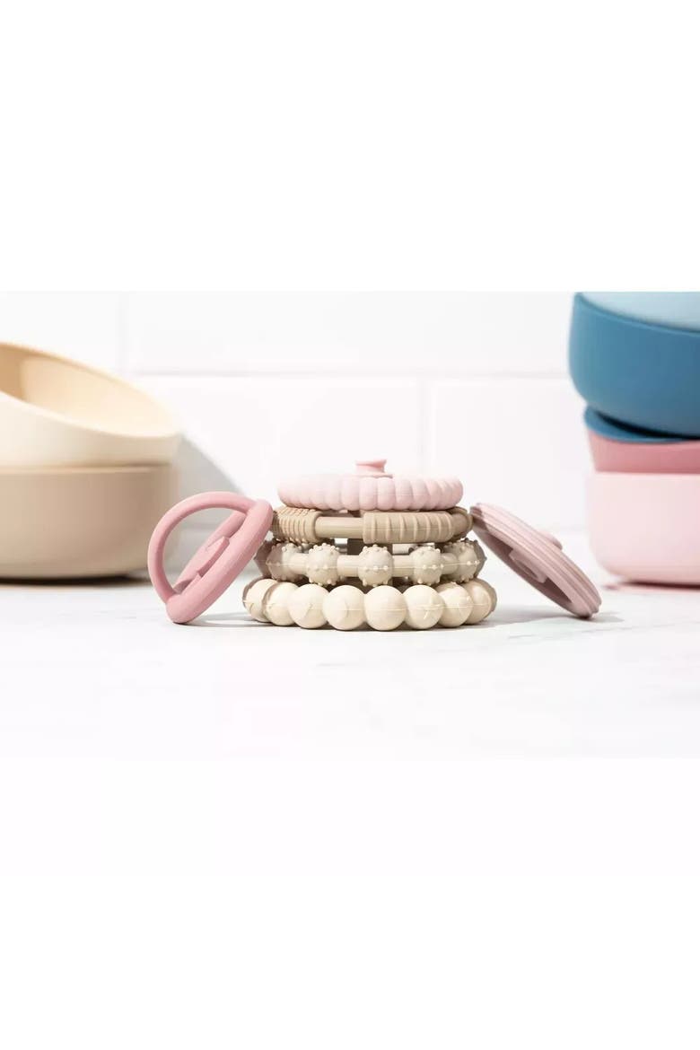 Silicone Suction Bowl Set with Lids and Spoons, Waterproof Bibs, Stacking Teether Toys, BPA Free Baby Shower Kit, Alternate, color, Pink