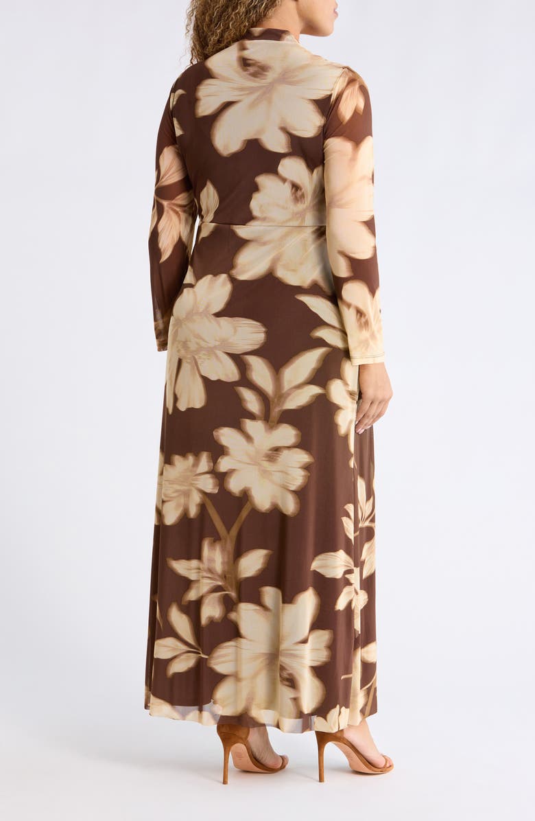 Anne Klein Floral Print Twist Front Long Sleeve Maxi Dress, Alternate, color, Molasses Multi