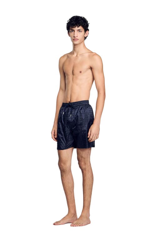 Sandro Square Cross Swim Trunks In Midnight Blue