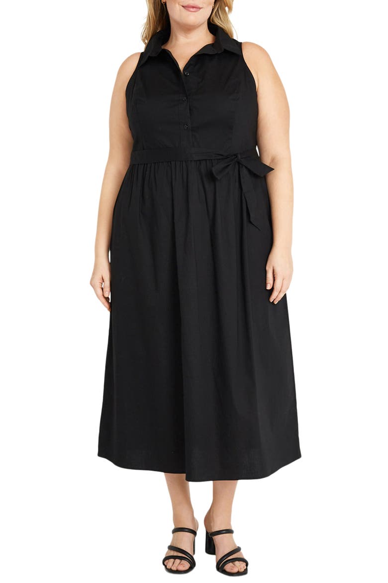 Tie Waist Sleeveless Stretch Poplin Shirtdress, Main, color, BLACK