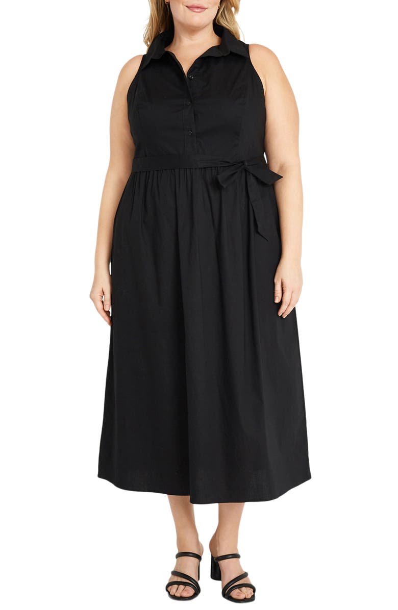 Maggy London Tie Waist Sleeveless Stretch Poplin Shirtdress, Main, color, Black
