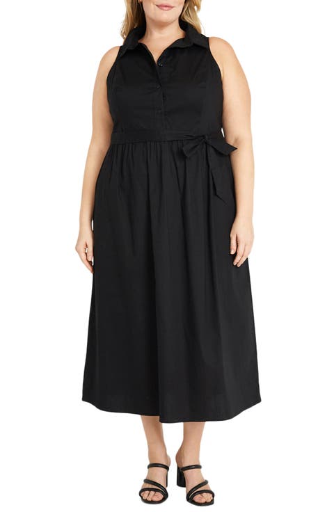 Tie Waist Sleeveless Stretch Poplin Shirtdress (Plus)