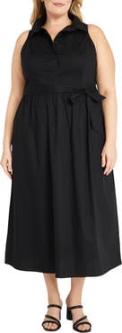 Maggy London Tie Waist Sleeveless Stretch Poplin Shirtdress