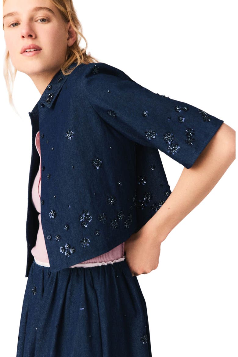 Embroidered cropped denim shirt, Alternate, color, Navy