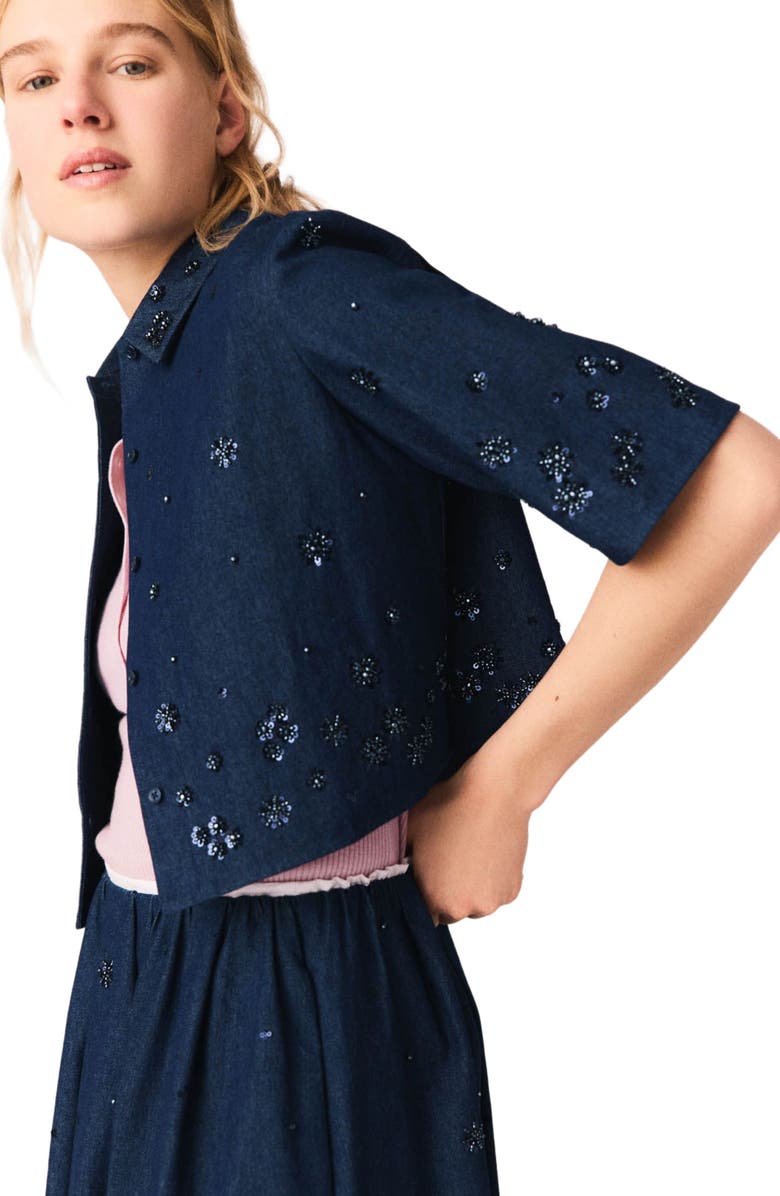 maje Embroidered cropped denim shirt, Alternate, color, Navy