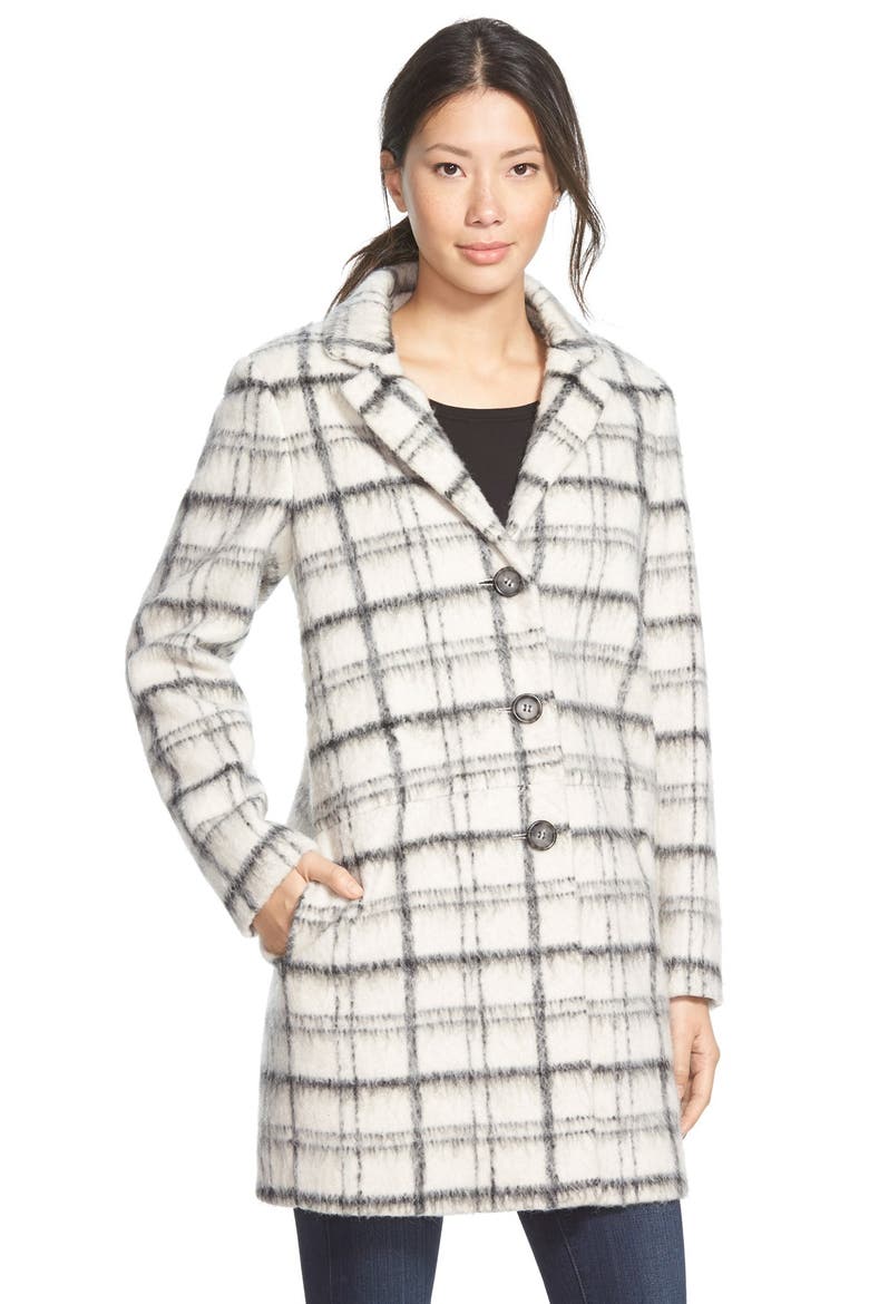 Notch Collar Plaid Reefer Coat, Main, color, IVORY/ BLACK