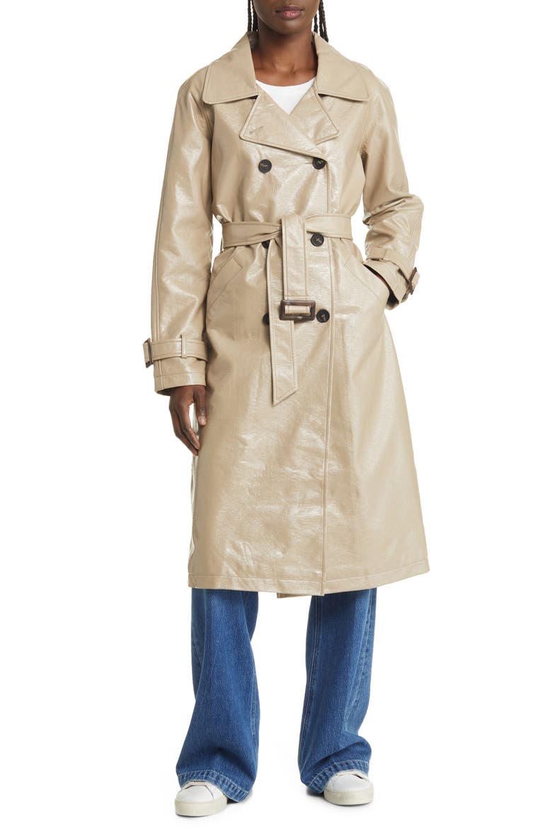 Double Breasted Faux Leather Trench Coat, Main, color, NOUGAT