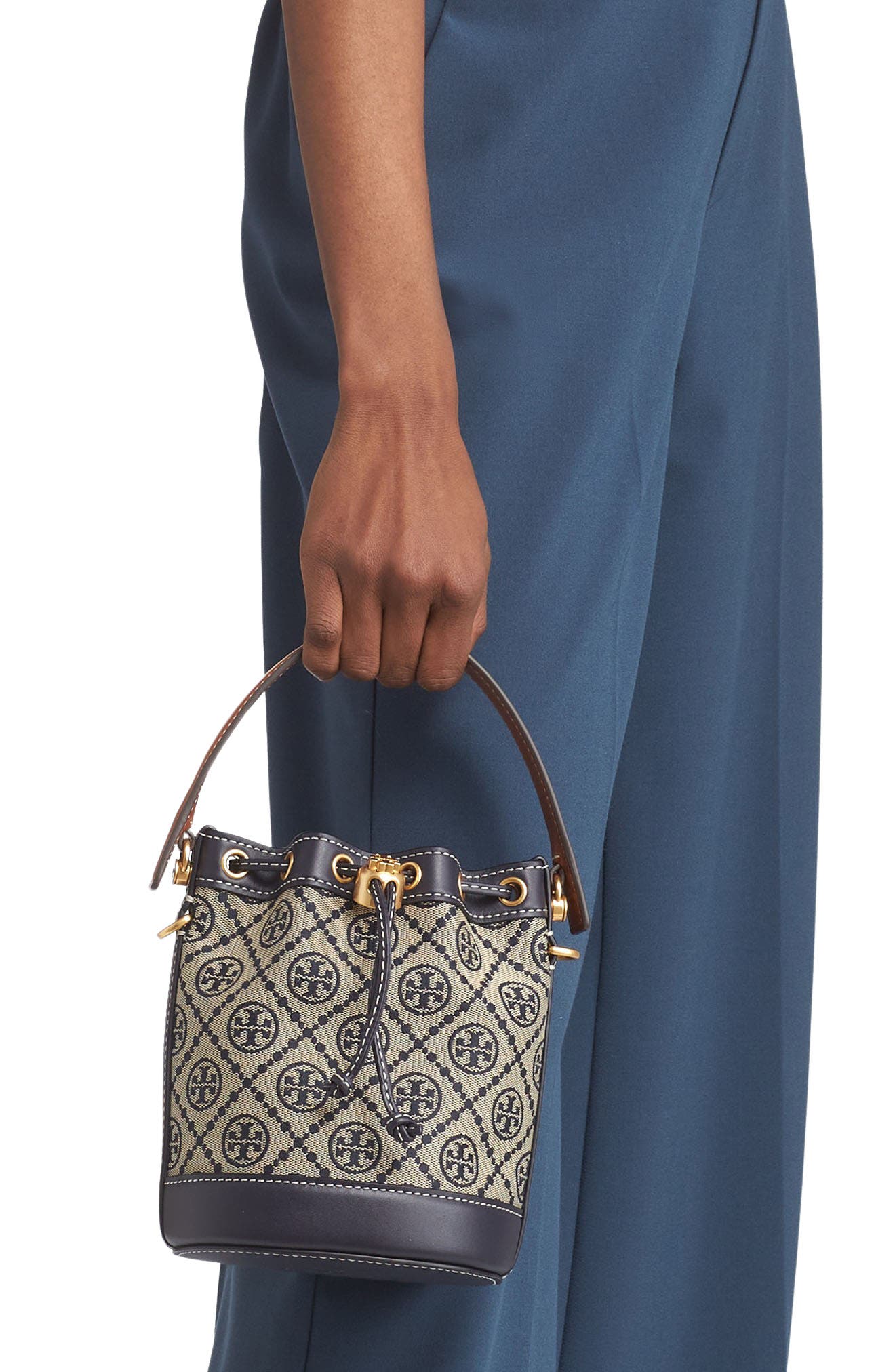 Mini T Monogram Bucket Bag, Alternate, color, TORY NAVY