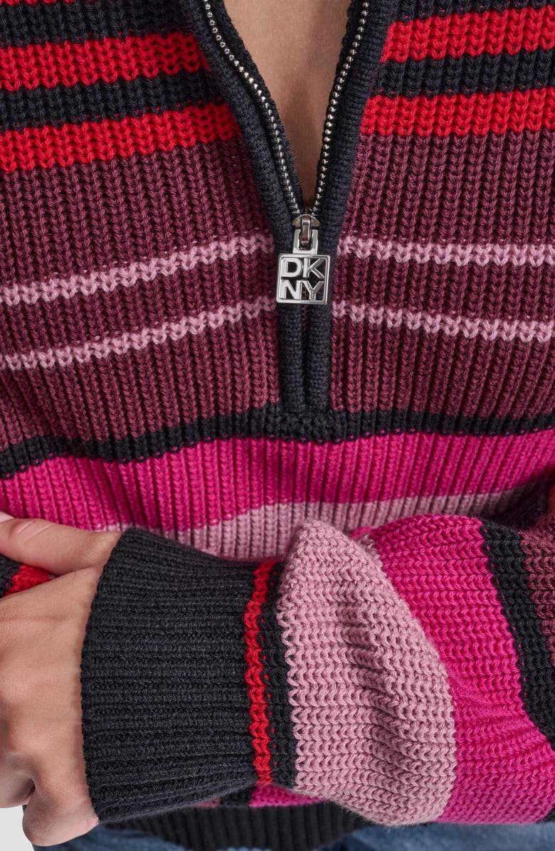 DKNY Jeans Stripe Quarter Zip Cotton Sweater, Alternate, color, Syrah Comb