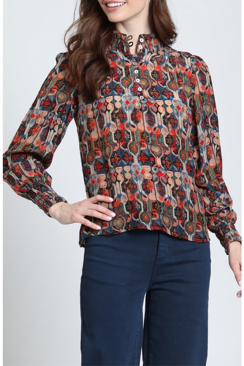 Ruched Puff Sleeve Top, Main, color, INDIGO/BURNT SIENNA