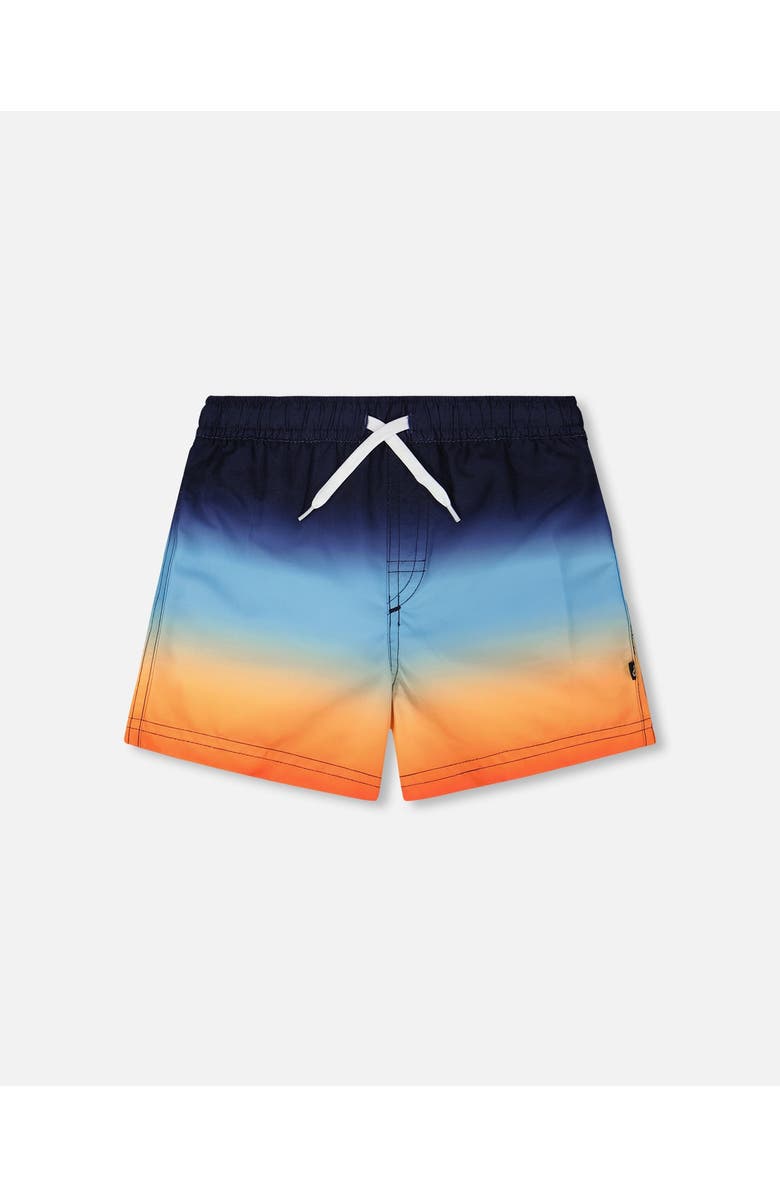 Deux par Deux Above the Knee Elastic Waist Gradient Swim Trunks, Main, color, Blue And Orange Gradient