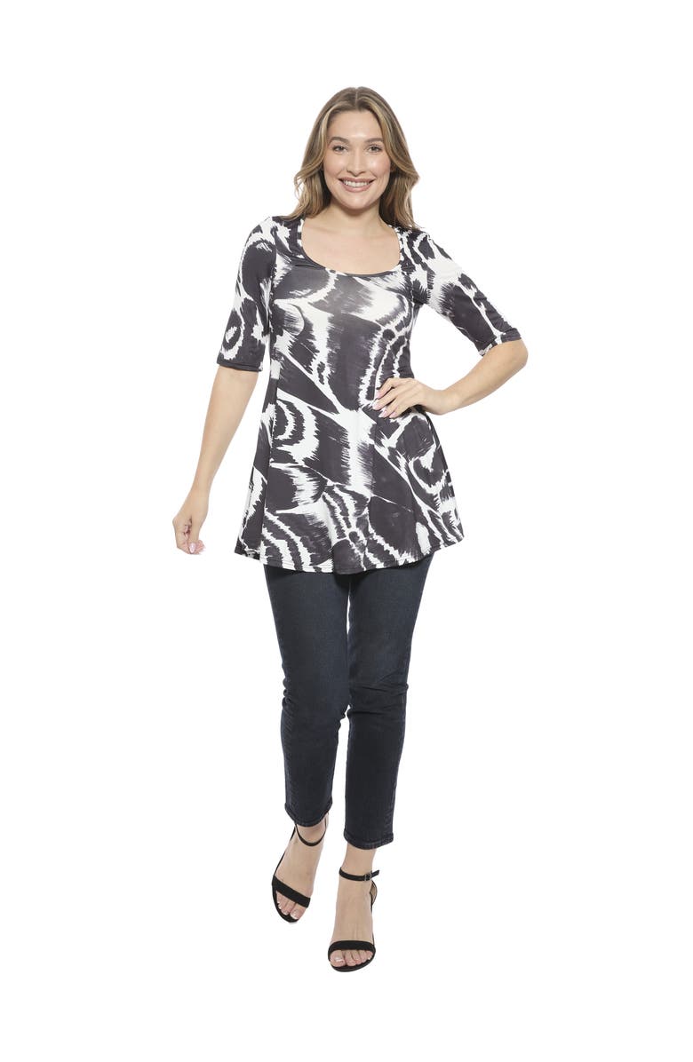 24seven Comfort Apparel Womens Abstract Scoop Neck Elbow Sleeve Tunic Top, Main, color, Black Multi