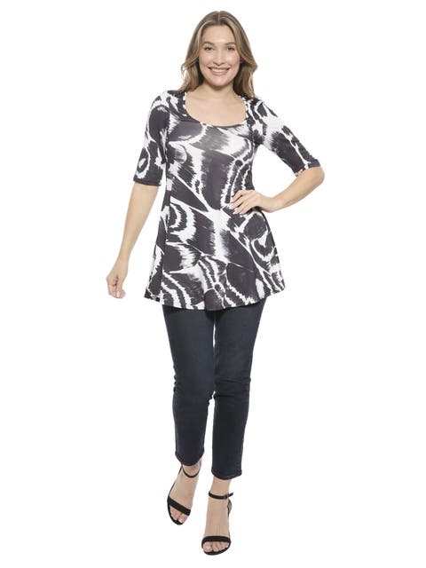 Womens Abstract Scoop Neck Elbow Sleeve Tunic Top