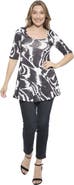 24seven Comfort Apparel Womens Abstract Scoop Neck Elbow Sleeve Tunic Top