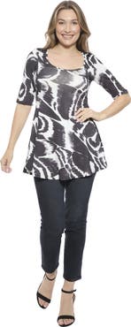 24seven Comfort Apparel Womens Abstract Scoop Neck Elbow Sleeve Tunic Top