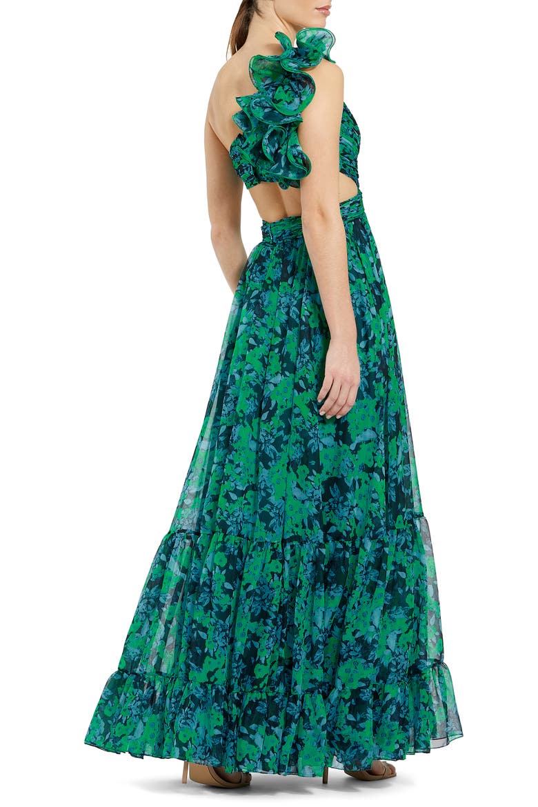 One Shoulder Ruffle Tiered Cut-Out Floral Chiffon Gown, Alternate, color, GREEN MULTI
