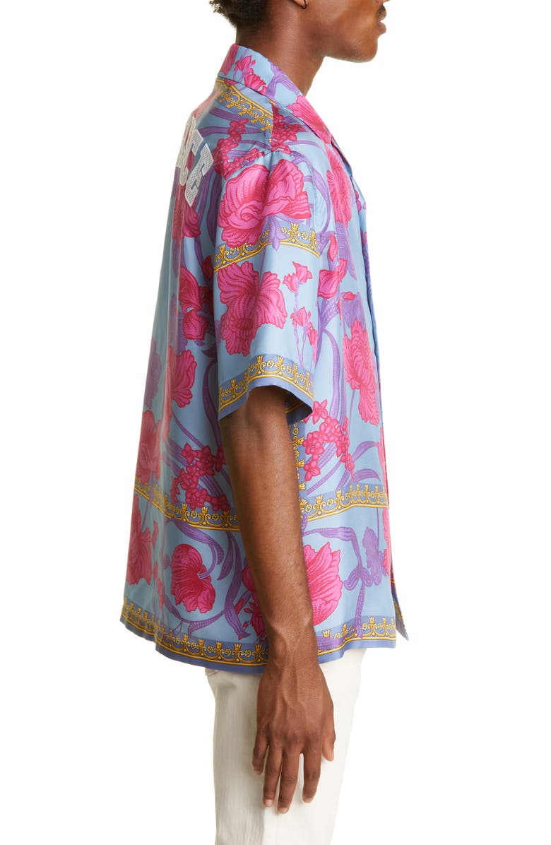 Versace Logo Floral Print Silk Button-Up Shirt, Alternate, color,